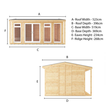 A specification drawing showing the dimensions of an insulated garden room