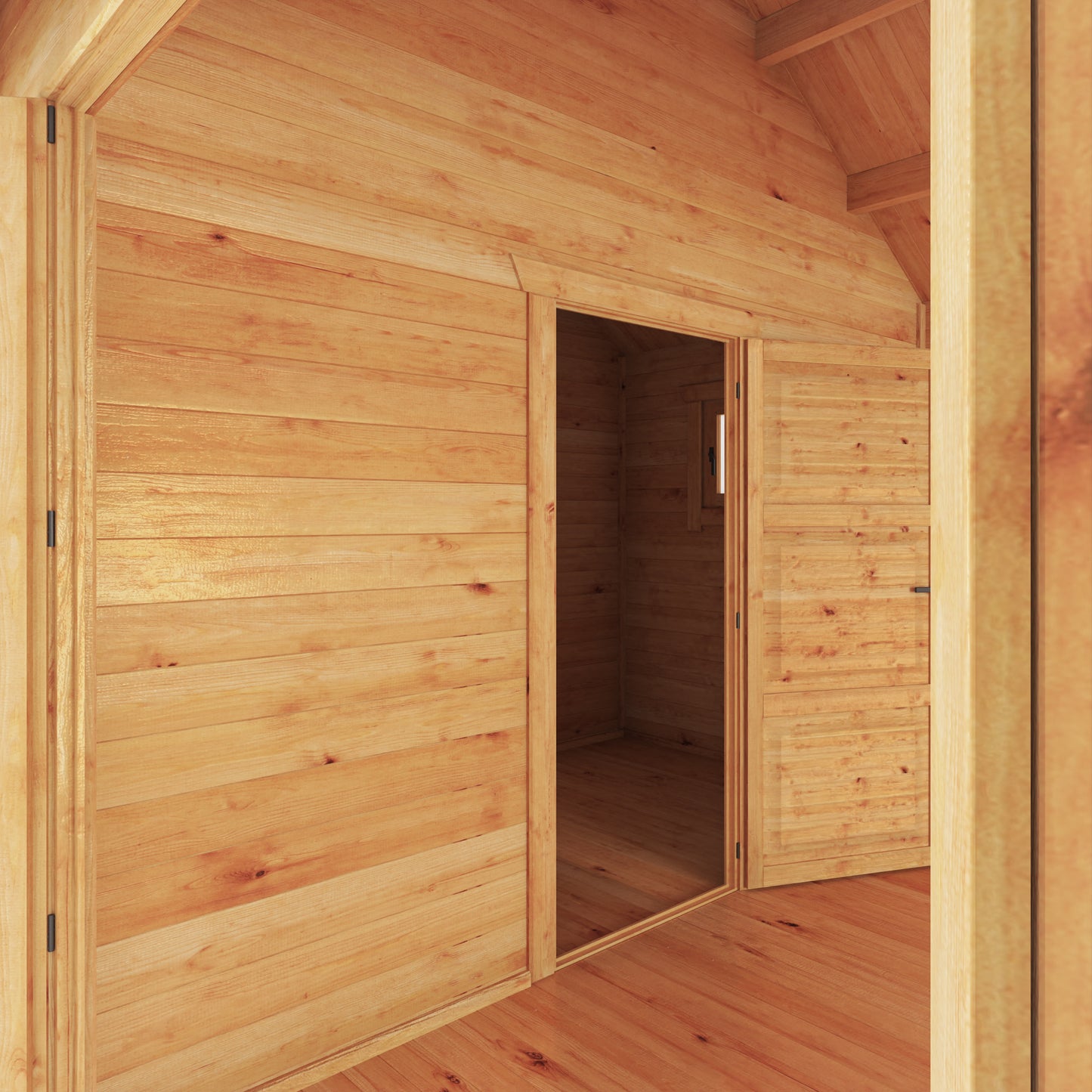 The inside of a large timber log cabin with multiple rooms