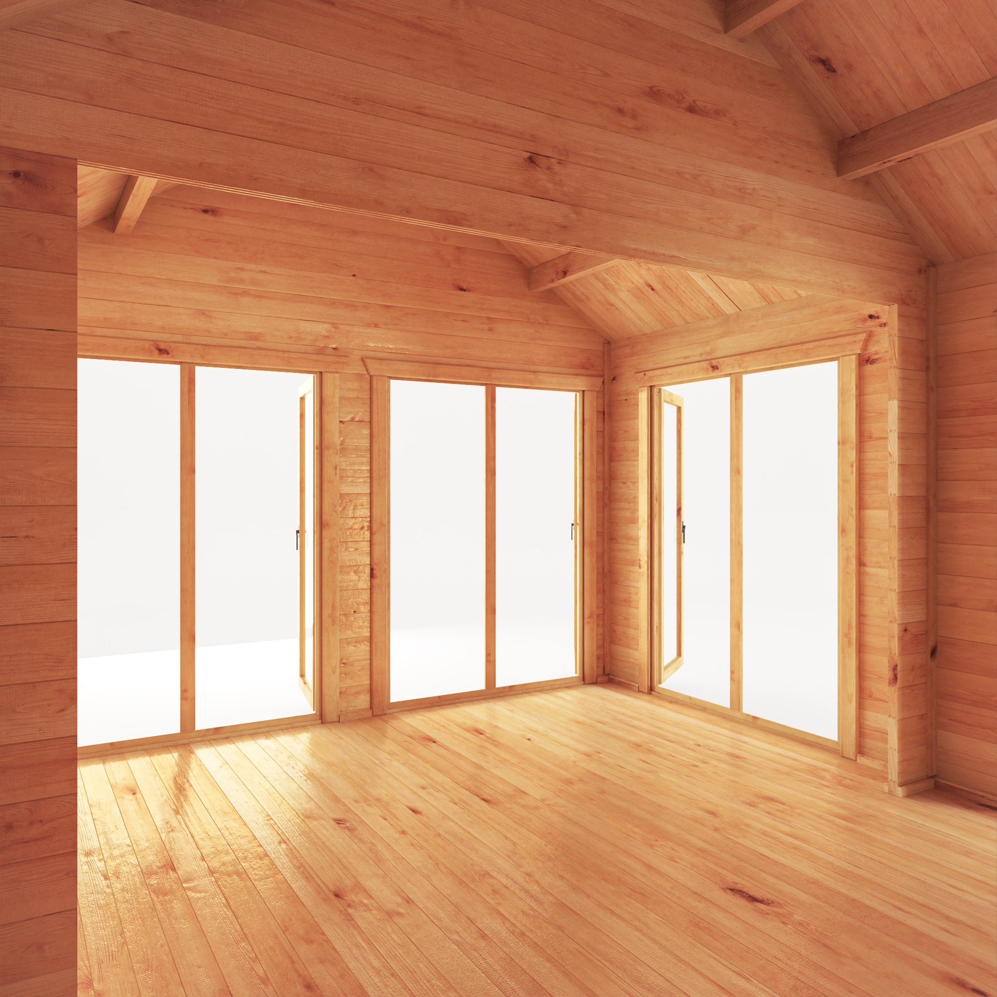 The inside of a large timber log cabin with multiple rooms, large full length windows and double doors