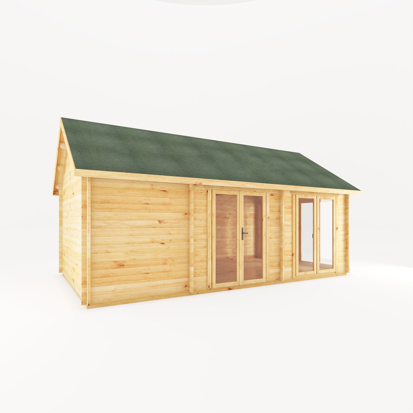 Large timber log cabin, with apex roof, full length windows, double doors.