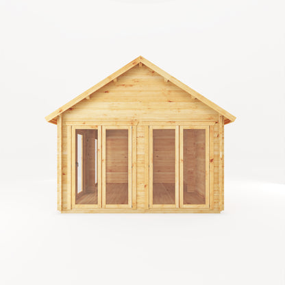 Large timber log cabin, with apex roof, full length windows, double doors.