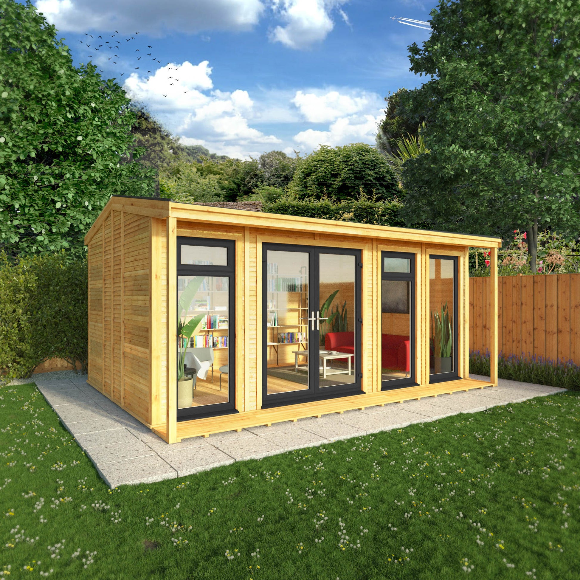 An insulated garden room with an apex roof and full length grey UPVC windows