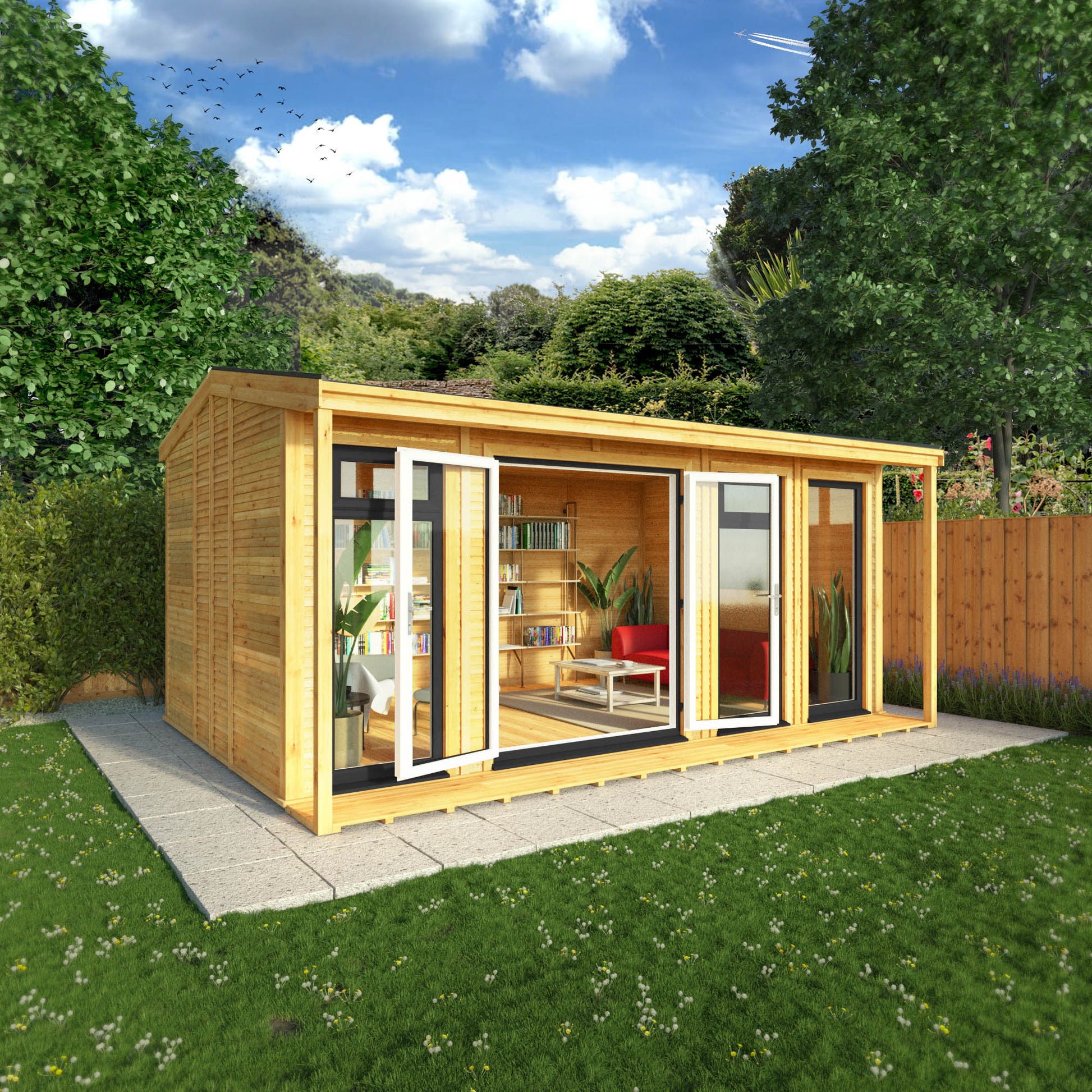 An insulated garden room with an apex roof and full length grey UPVC windows