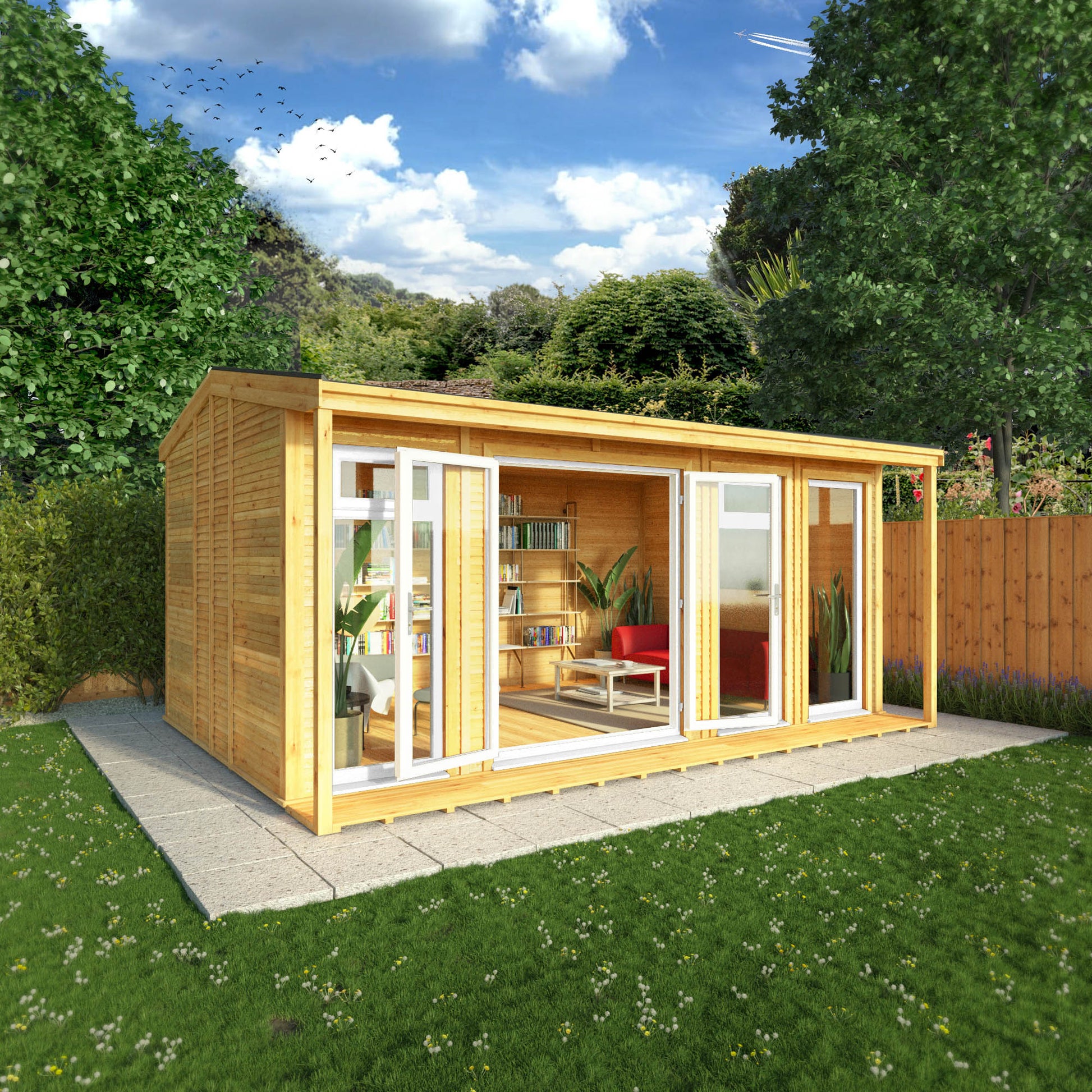 An insulated garden room with an apex roof and full length white UPVC windows